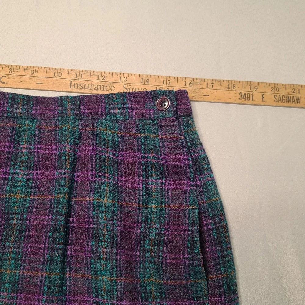 Vintage Alfred Dunner Plaid Skirt Womens 12 Purple Teal Wool Pencil Midi Grandma